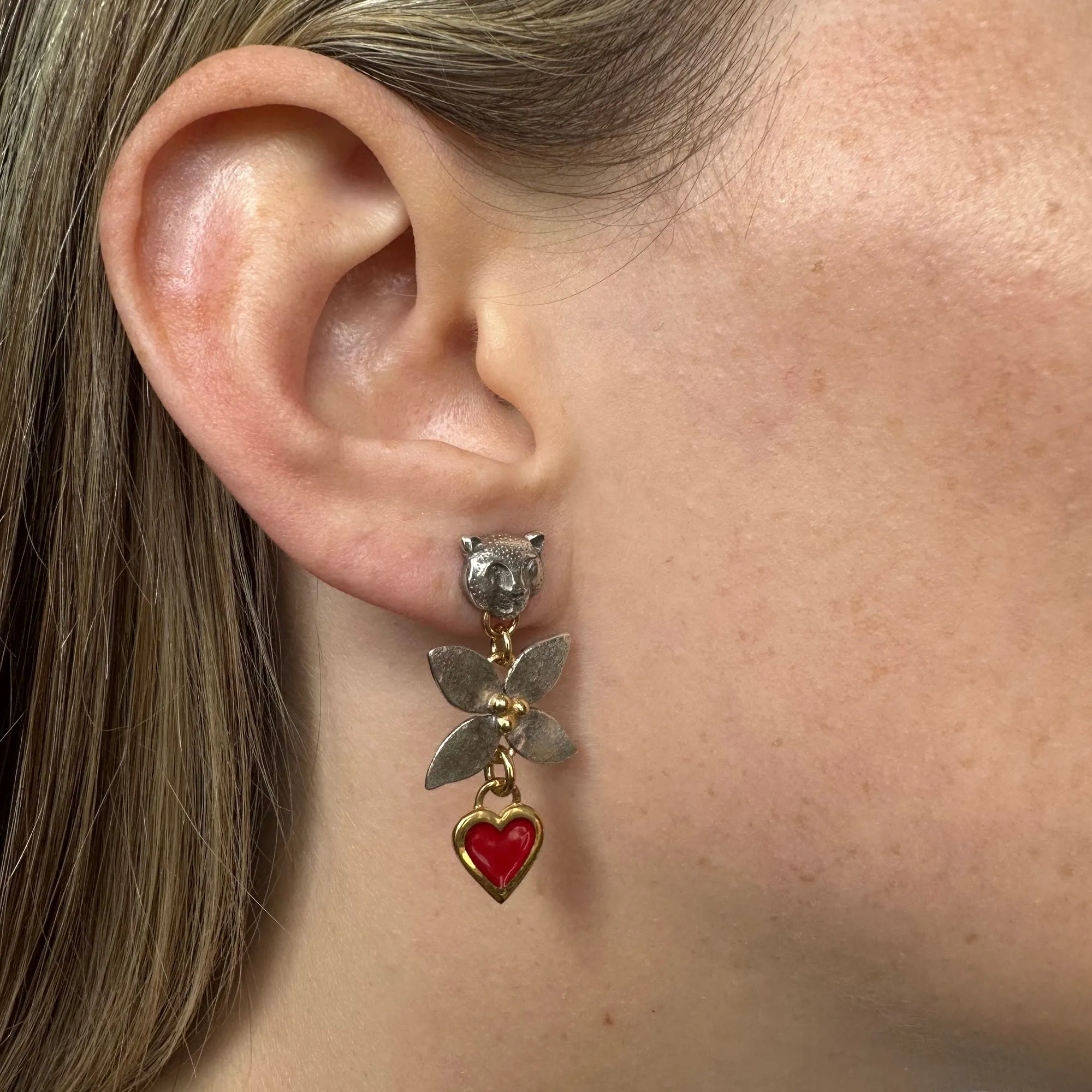 Forest Earrings With Red Enamel Hearts