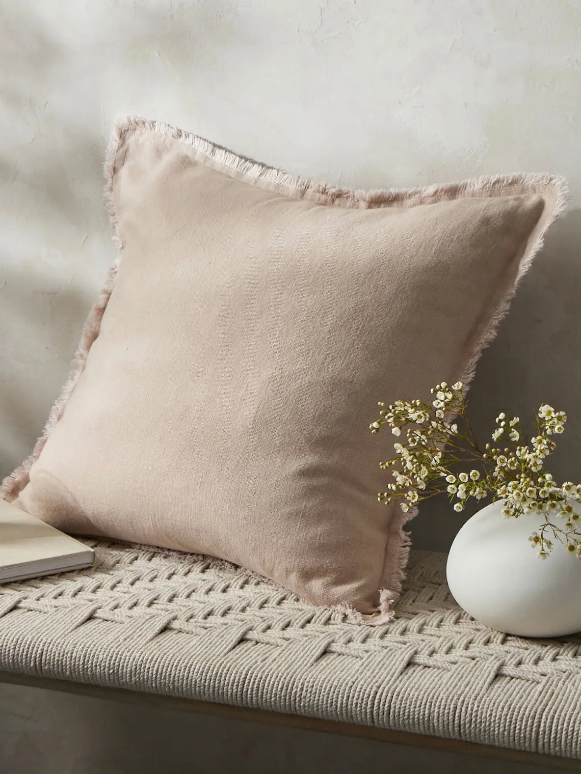 Fringe Linen Cushion Cover Blush Pink