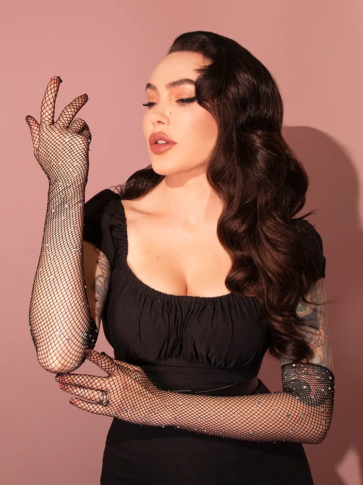 Full-length Fishnet Rhinestone Opera Gloves in Black