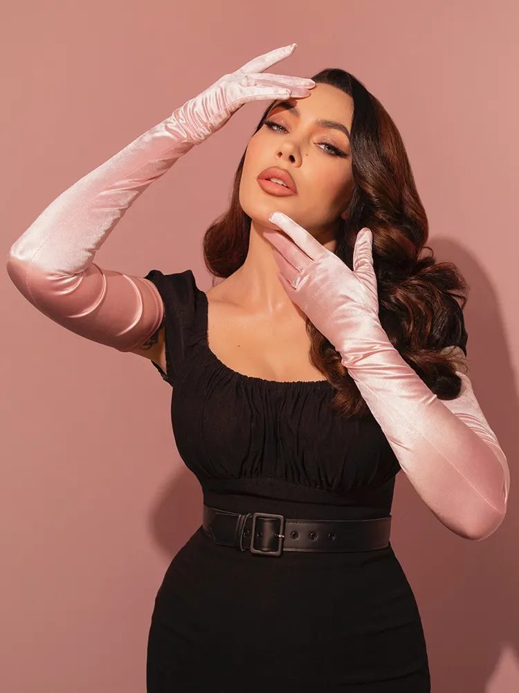 Full-Length Opera Gloves in Baby Pink Satin