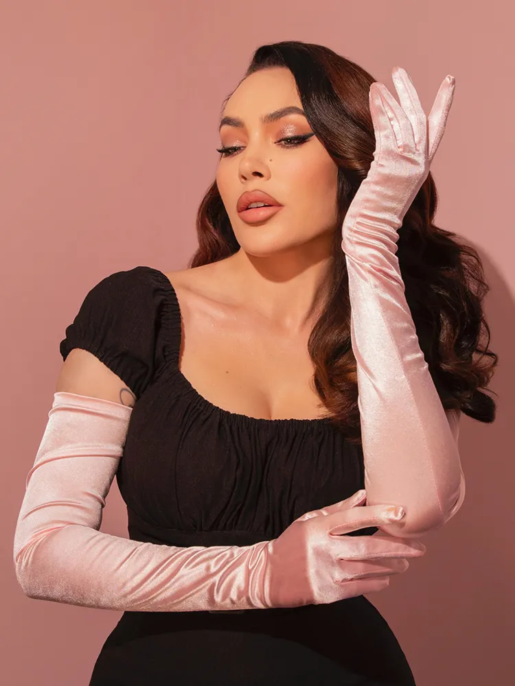 Full-Length Opera Gloves in Baby Pink Satin