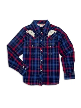 Girl's Ely Cattleman Plaid Western Snap Shirt with Rose Embroidery