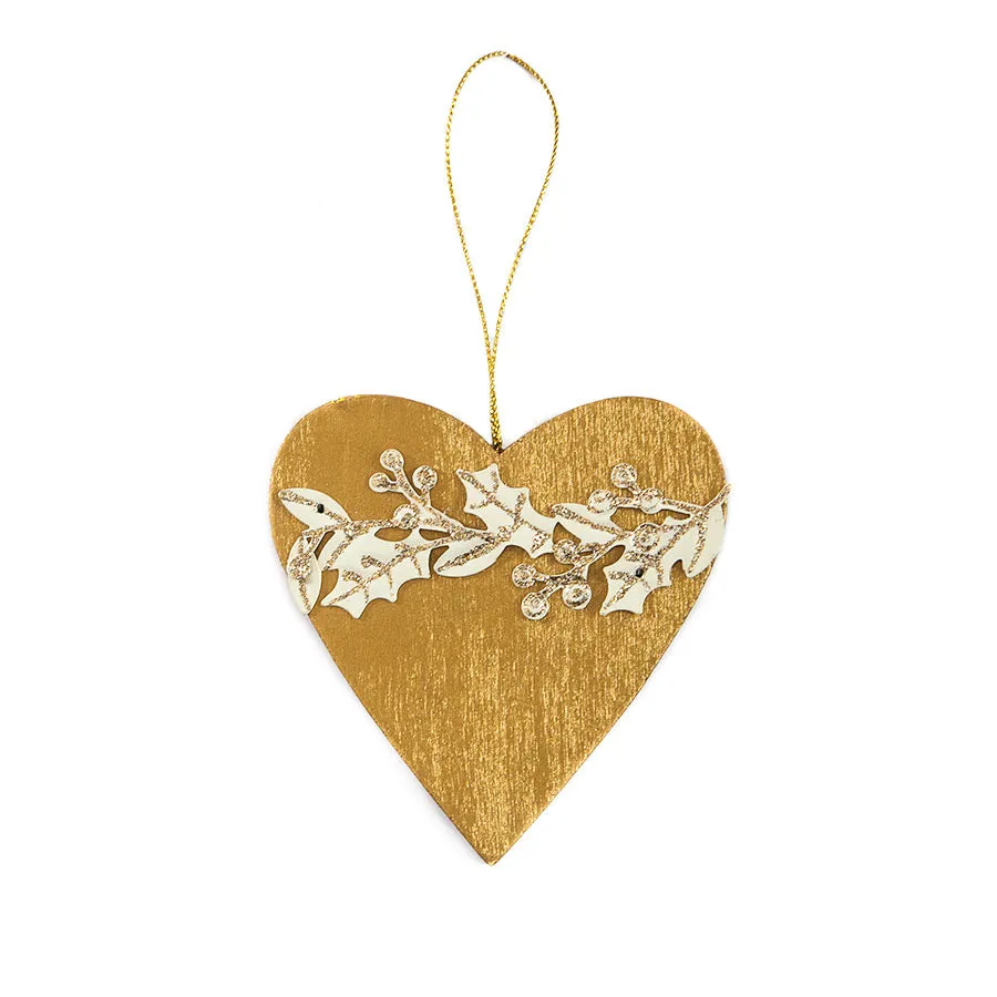 Gisela Graham Wooden Gold Christmas Heart Tag