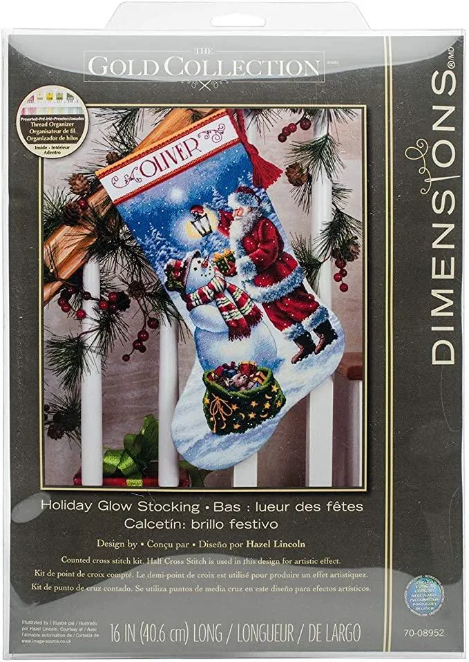 HOLIDAY GLOW STOCKING, Counted Cross Stitch Kit, 18 count white Aida, long 16" (41 cm) , DIMENSIONS (70-08952)