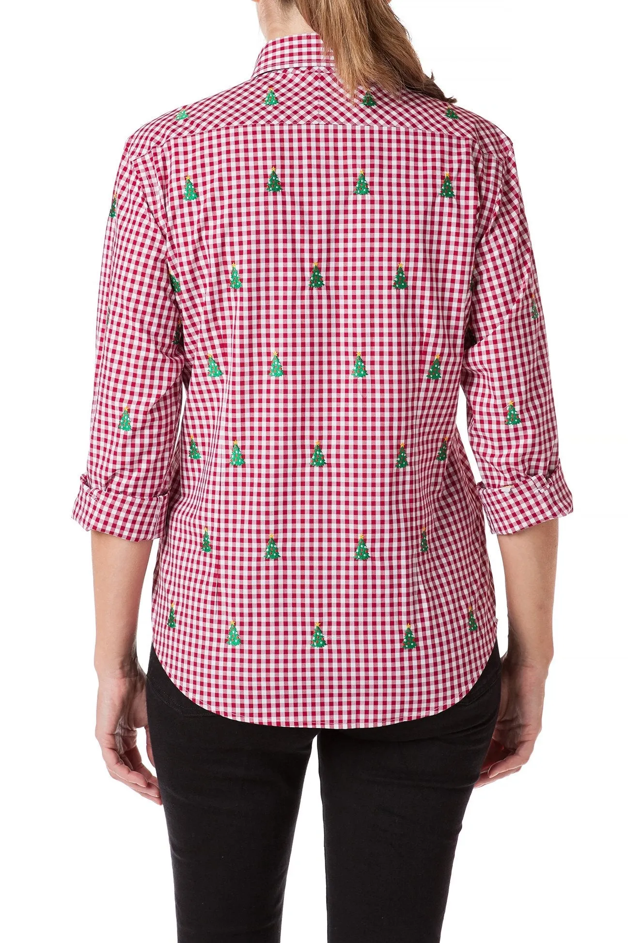 Ladies Button Down Shirt Wide Gingham Red with Christmas Tree