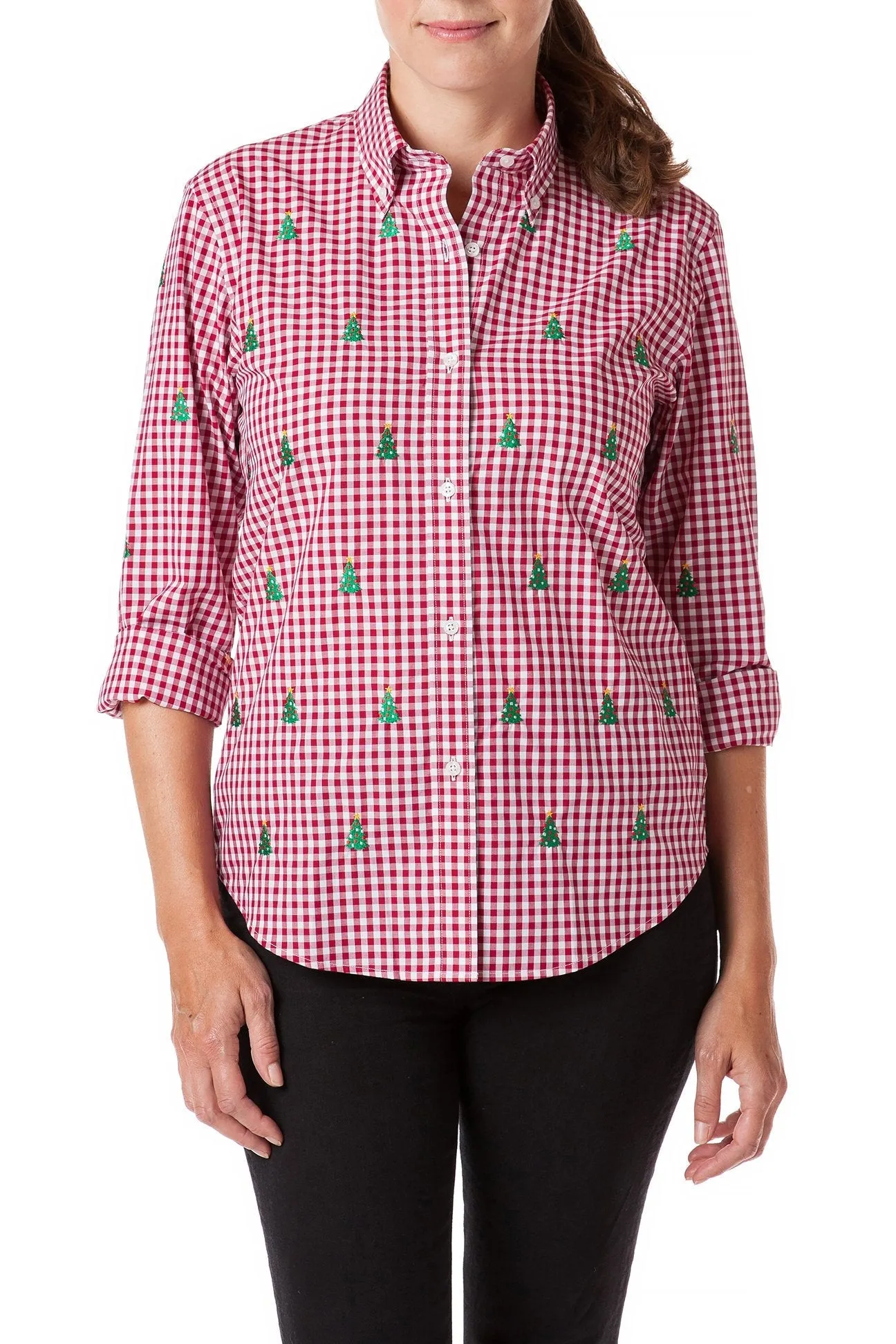 Ladies Button Down Shirt Wide Gingham Red with Christmas Tree