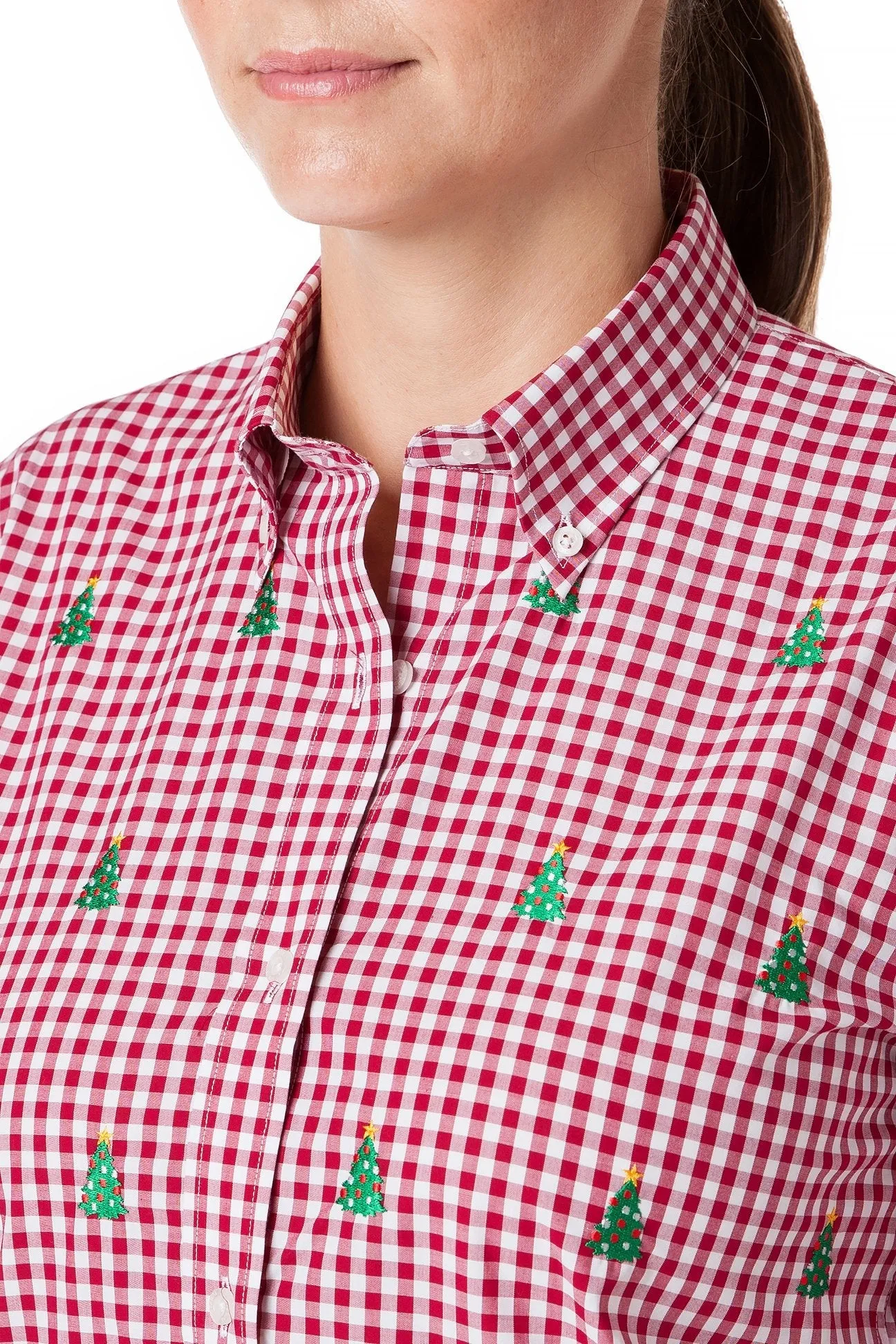 Ladies Button Down Shirt Wide Gingham Red with Christmas Tree