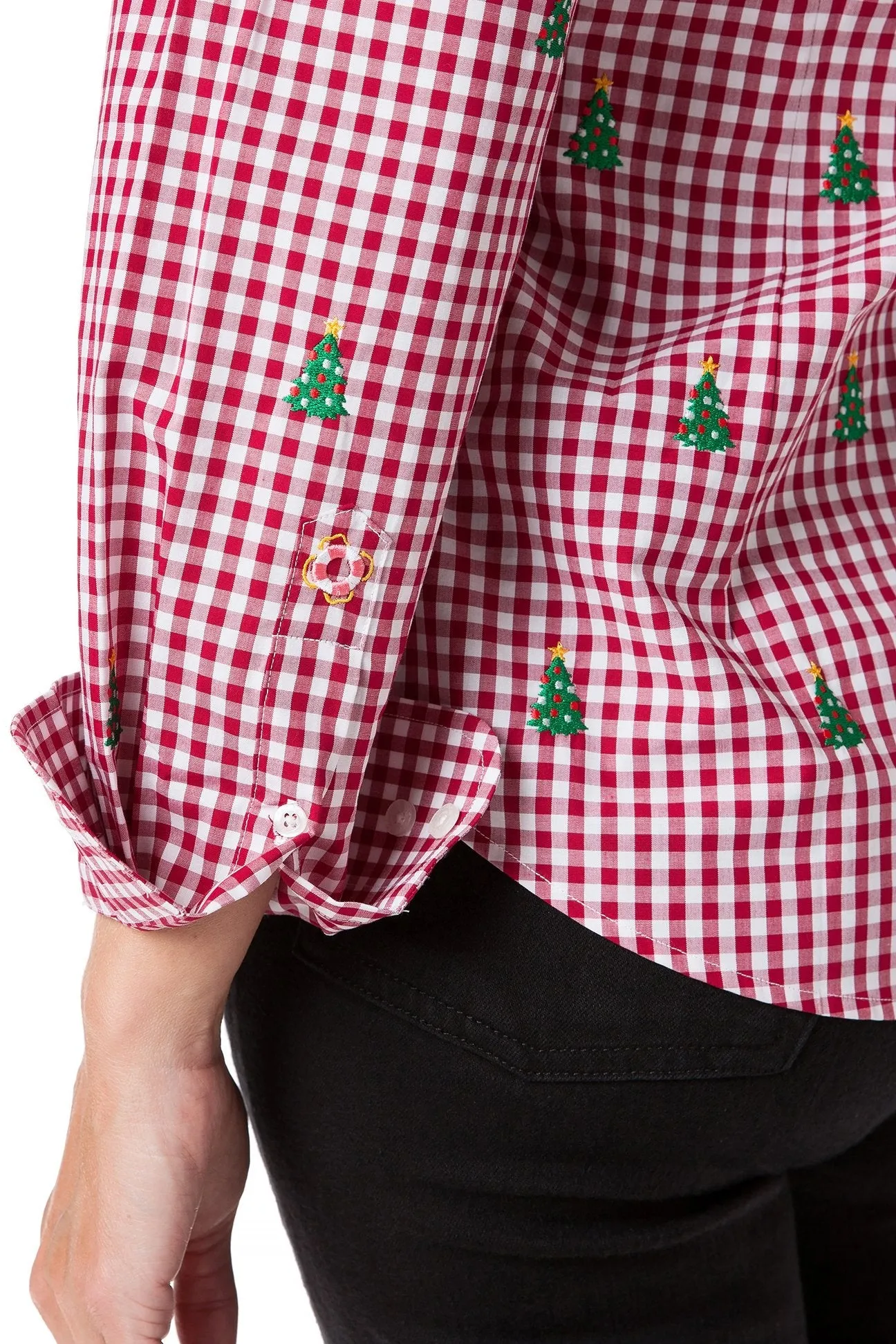 Ladies Button Down Shirt Wide Gingham Red with Christmas Tree