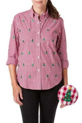 Ladies Button Down Shirt Wide Gingham Red with Christmas Tree