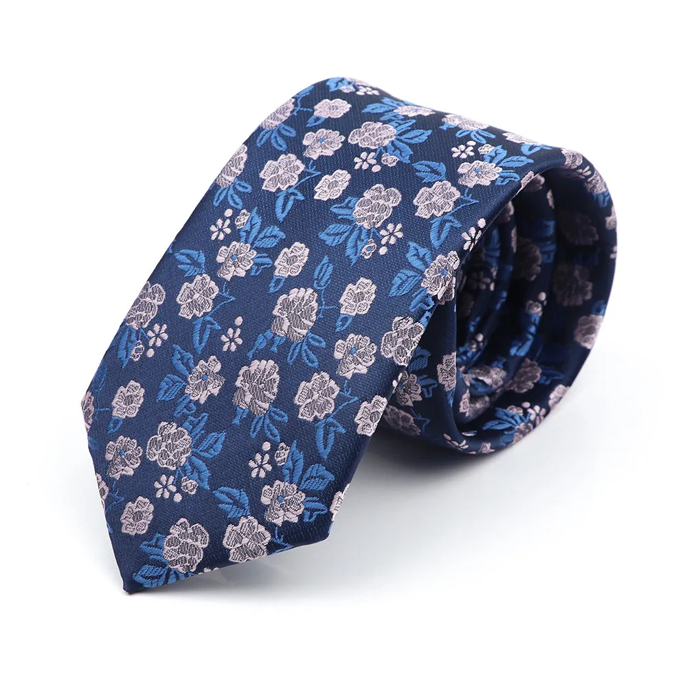 Lakeland Floral Skinny Polyester Tie, Navy  / Blue / Silver