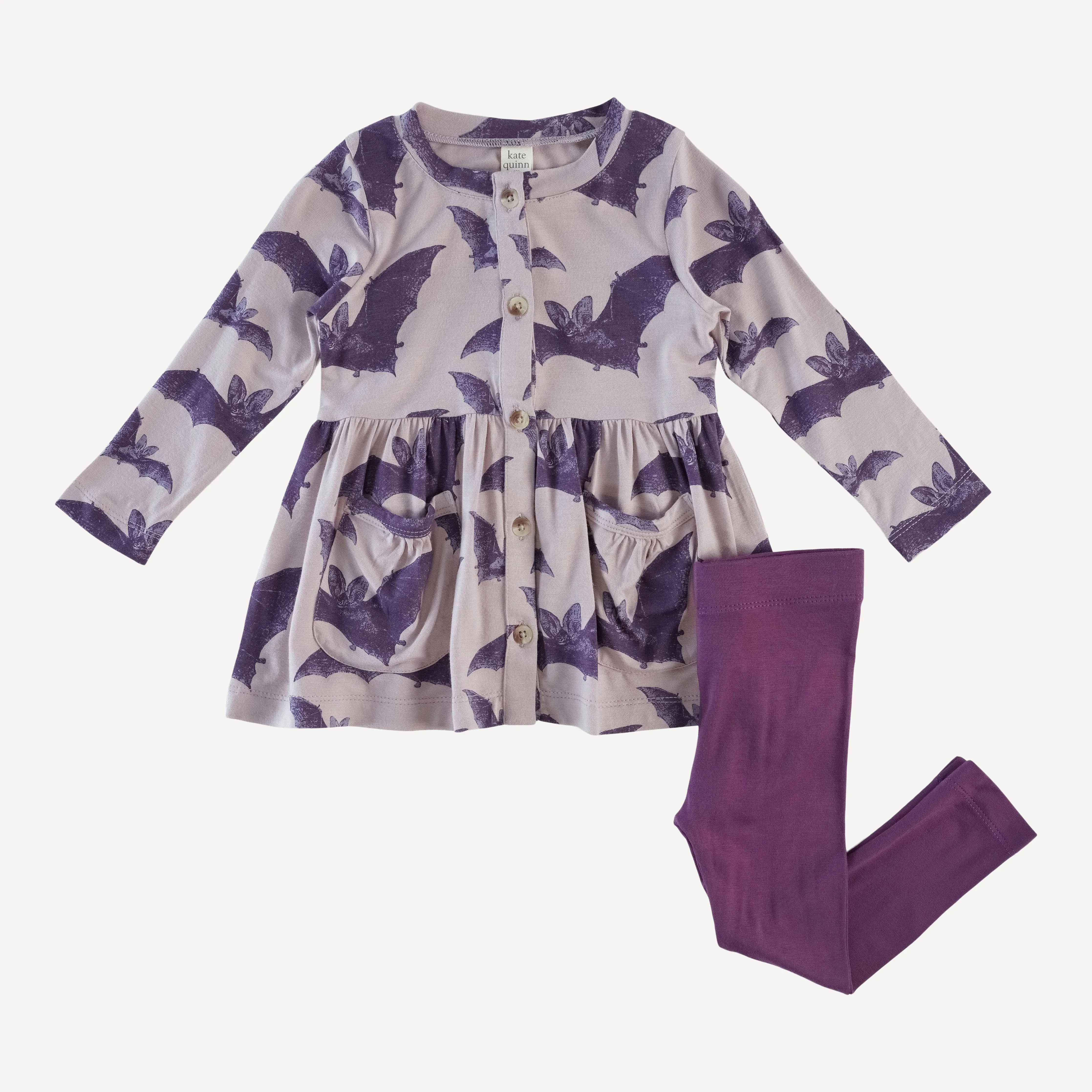 long sleeve gathered waist pocket top   legging set | purple bat | bamboo