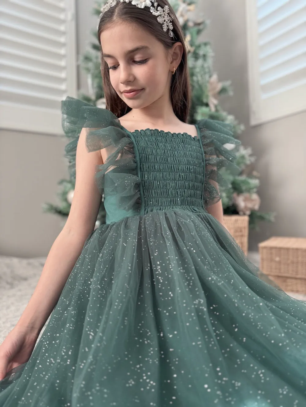 Lotus Girls Green Sparkle Christmas Dress