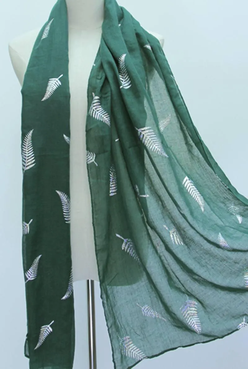 Lovely Green Scarf with Sparkly Silver Ferns