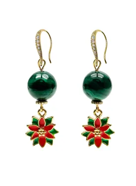 Malachite With X'mas Flower Dangle Earrings KE012