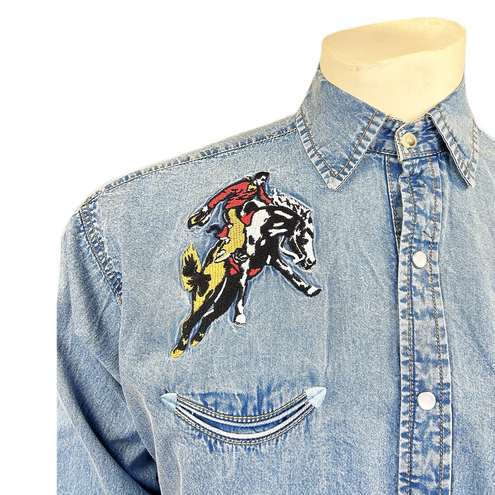 Men’s Rockmount Bronc Vintage Embroidery Western Shirt in Denim