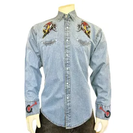 Men’s Rockmount Bronc Vintage Embroidery Western Shirt in Denim