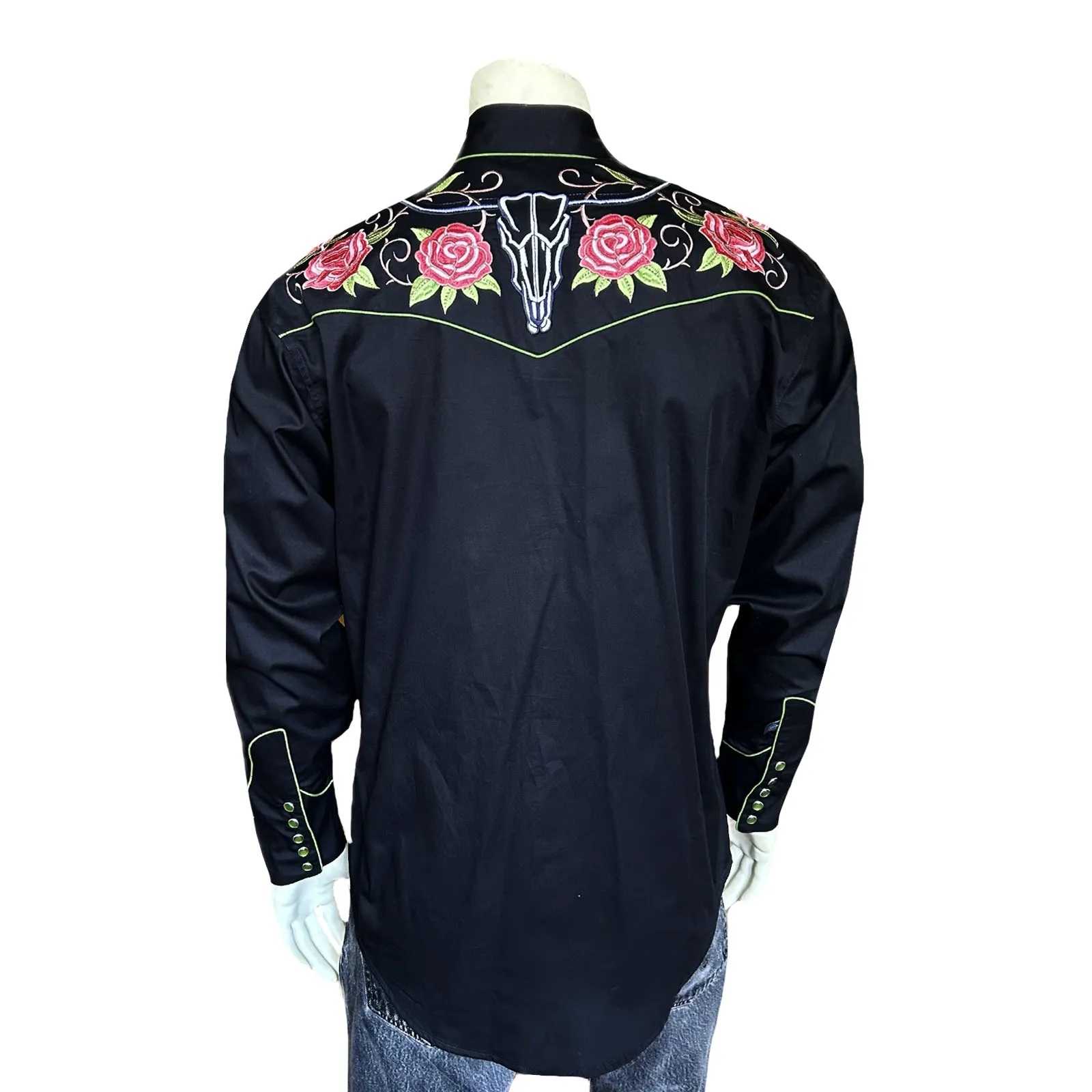 Men’s Steer Longhorn & Floral Embroidery Western Shirt in Black