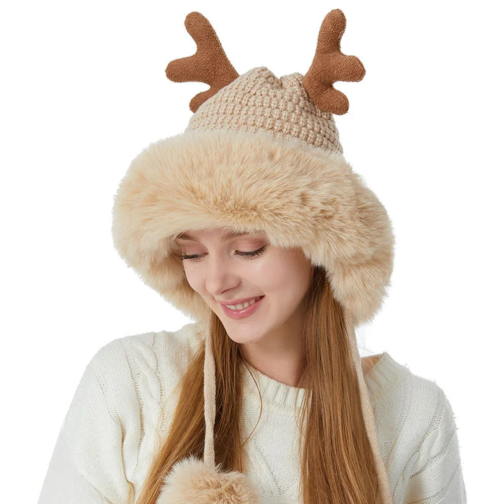 Merry Christmas Winter Faux Fur Pom Pom Earflap Elk Horn Knit Beanie