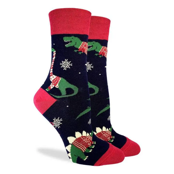 "Christmas Sweater Dinosaur" Cotton Crew Socks by Good Luck Sock