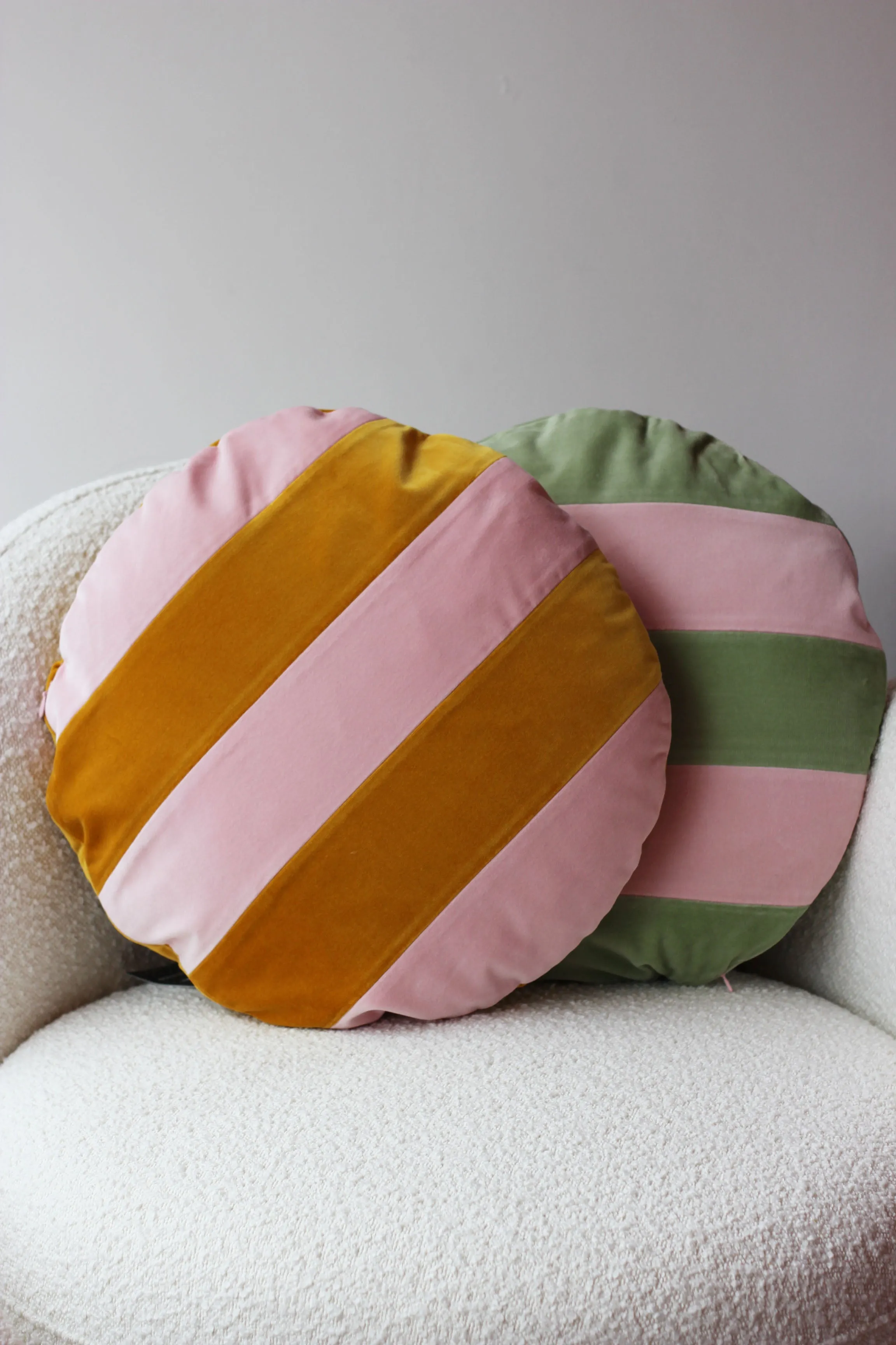 Stripes Mustard and Pink Velvet Round Cushion