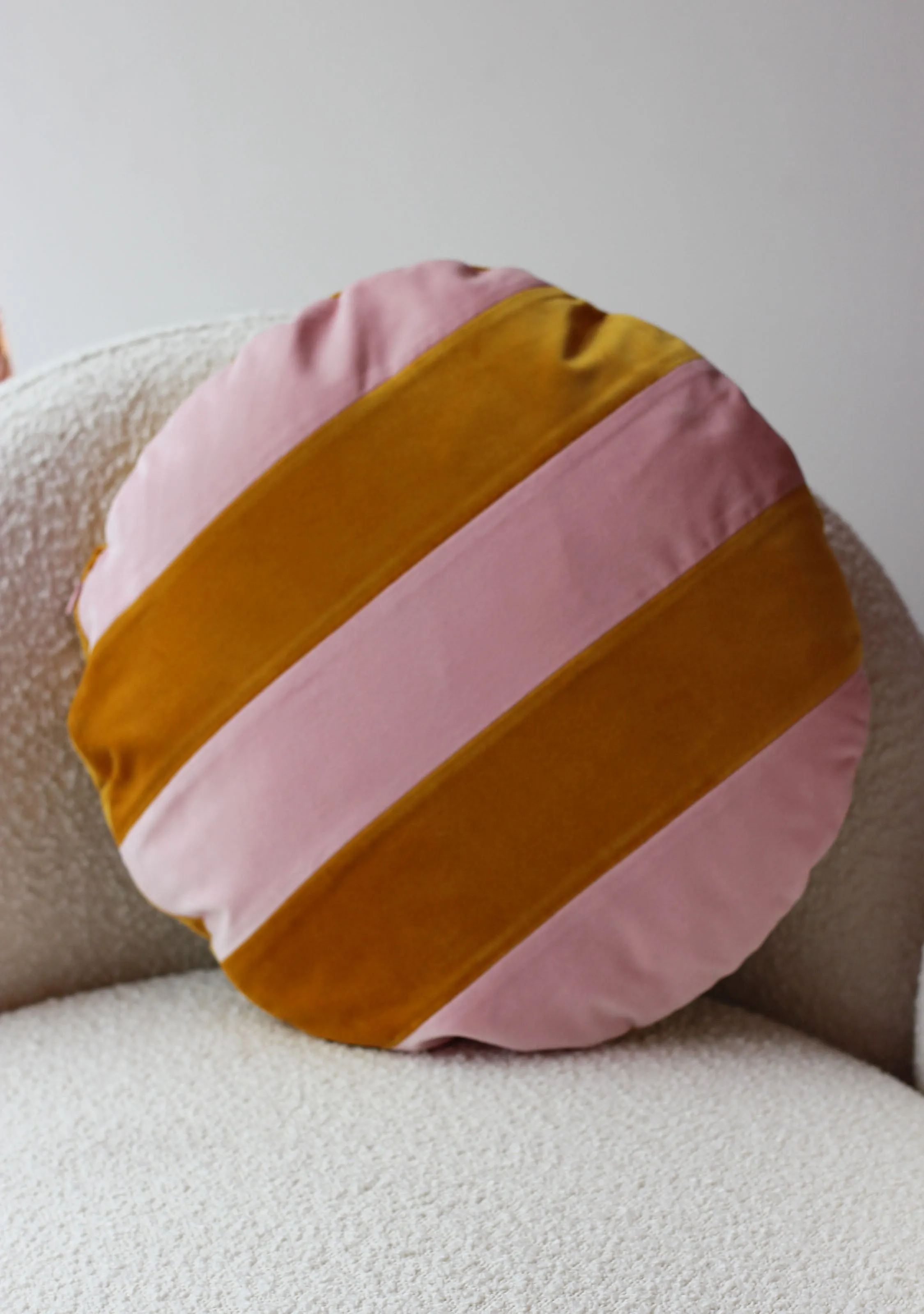 Stripes Mustard and Pink Velvet Round Cushion