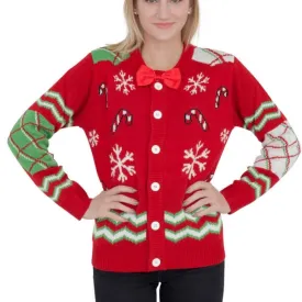 Women's Candy Canes and Snowflakes Button Up Ugly Christmas Sweater with Bowtie