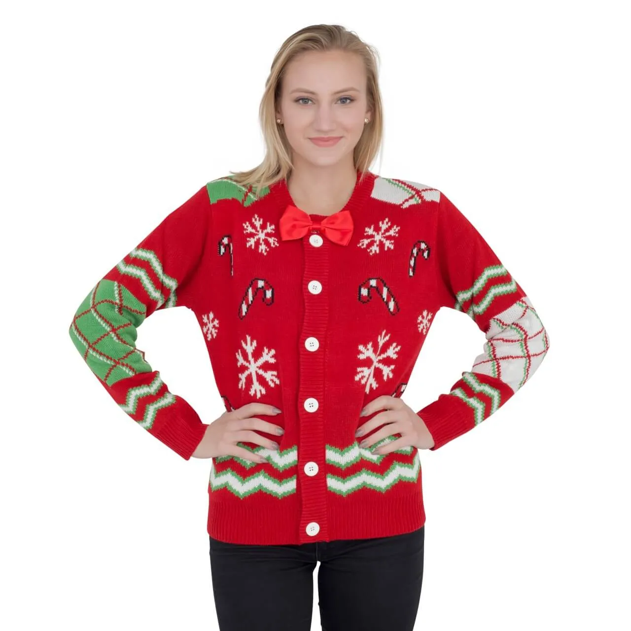 Women's Candy Canes and Snowflakes Button Up Ugly Christmas Sweater with Bowtie